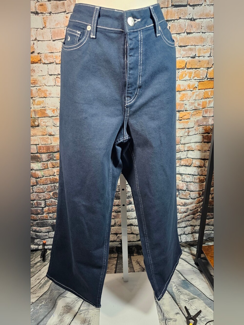 Frances Valentine Wide Leg Jeans High Rise Navy Contrast Stitch Size 8